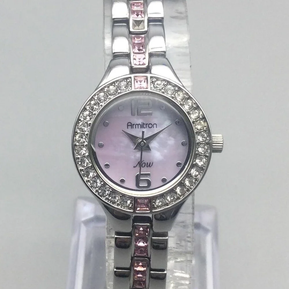 Armitron Now Womens Watch 22mm Pink MOP Crystals Silver Tone New Battery 7.25